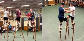 French Folk Dance Group Performs With Incredible Synchronized Stilt Walkers